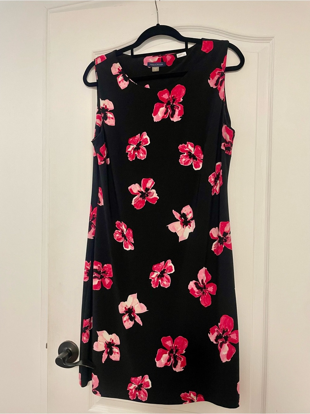 Tommy Hilfiger Black Midi Dress with Pink Floral Print, Size 12.